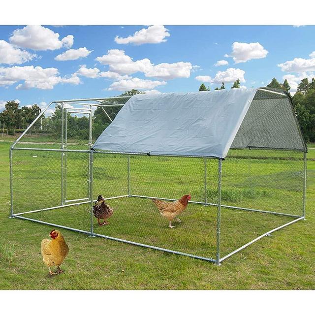 Large Metal Chicken Coop Walk-in Poultry Cage Hen Run House Rabbits Habitat Cage Flat Roofed Cage with Waterproof and Anti-Ultraviolet Cover for Outdoor Backyard Farm Use (9.2' L x 12.5' W x 6.4' H)