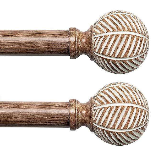 Wood Curtain Rods for Windows: 1 Inch Diameter Adjustable Drapery Rods 48" to 86", Decorative Window Curtain Rods with Leaf Pattern Finials,2 Pack Heavy Duty Curtain Rods for Bedroom Kitchen Window Office