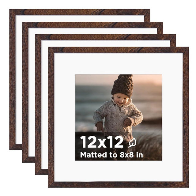 KINLINK 12x12 Picture Frame Brown Set of 4, Wooden Square Photo Frames Matted 8x8 with Plexiglass for 8x8 with Mat or 12x12 without Mat for Table and Wall Display