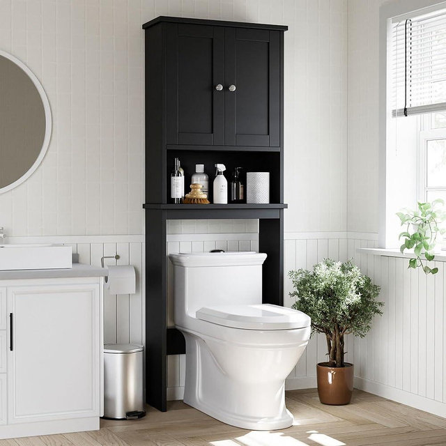 Shintenchi Over The Toilet Storage Cabinet, Bathroom Shelf Organizer with Anti-Tip Device Small Freestanding Space Saver with Adjustable Shelf，Black