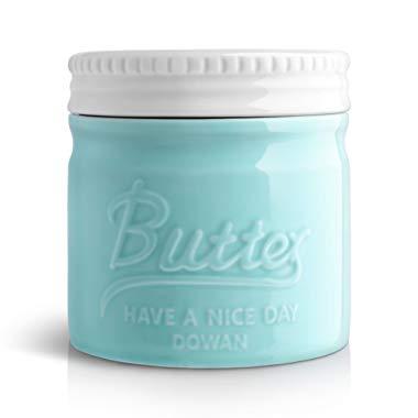 DOWAN Porcelain Butter Keeper Crock, Mason Jar Style Butter Crock, French Butter Dish with Lid, Embossed Butter Container for Soft Butter, Blue