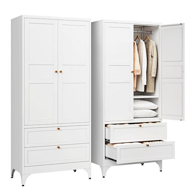 Letaya Metal Armoire Wardrobe Closet with 2 Drawers,18" Deep Clothing Storage Cabinet with Doors and Shelves,Coat Closet with Hanging Rod,Bedroom,Home,Cloak Room,White
