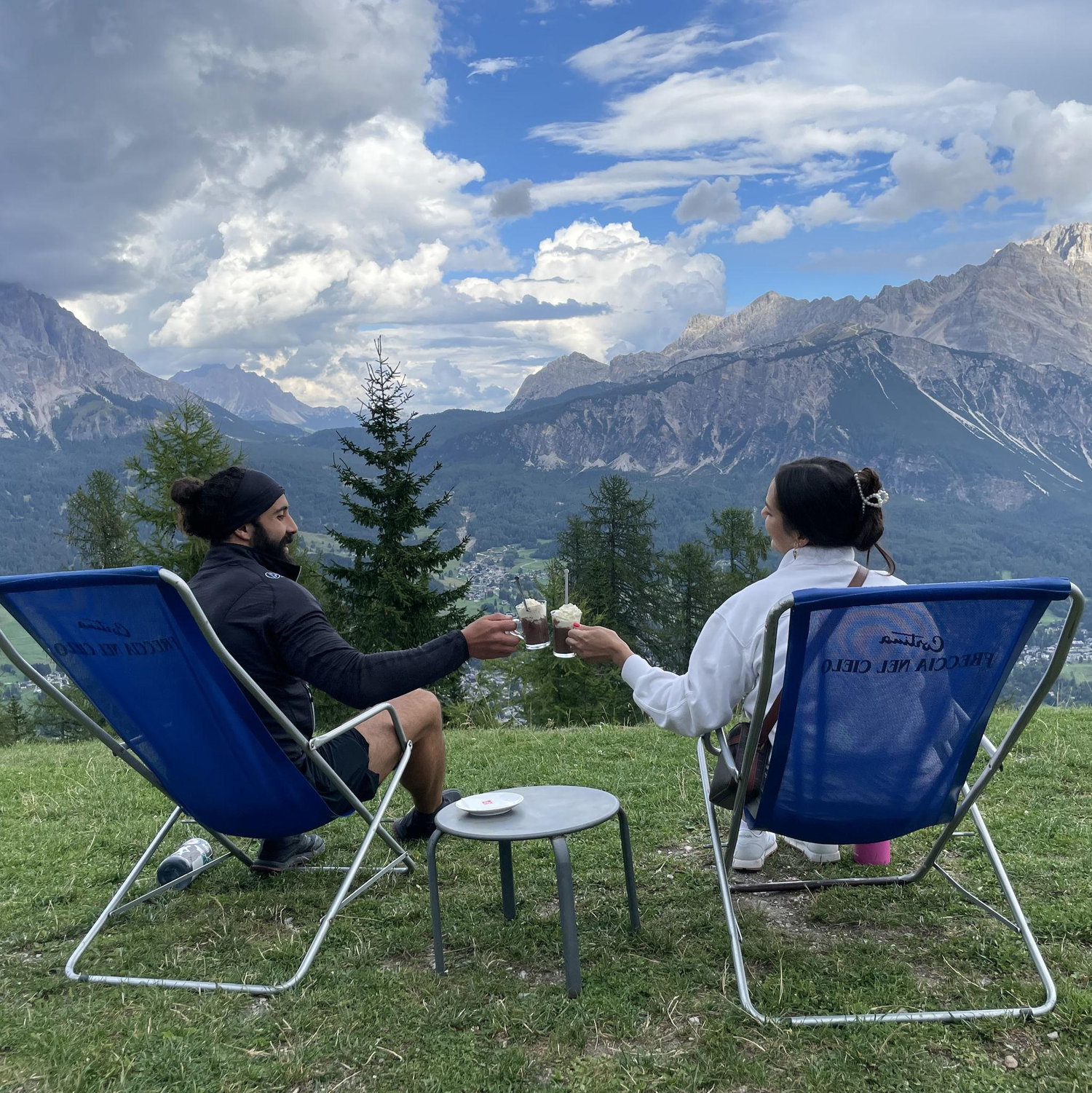 Enjoying hot chocolate after our gondola rides in Cortina d/Ampezzo, Italy