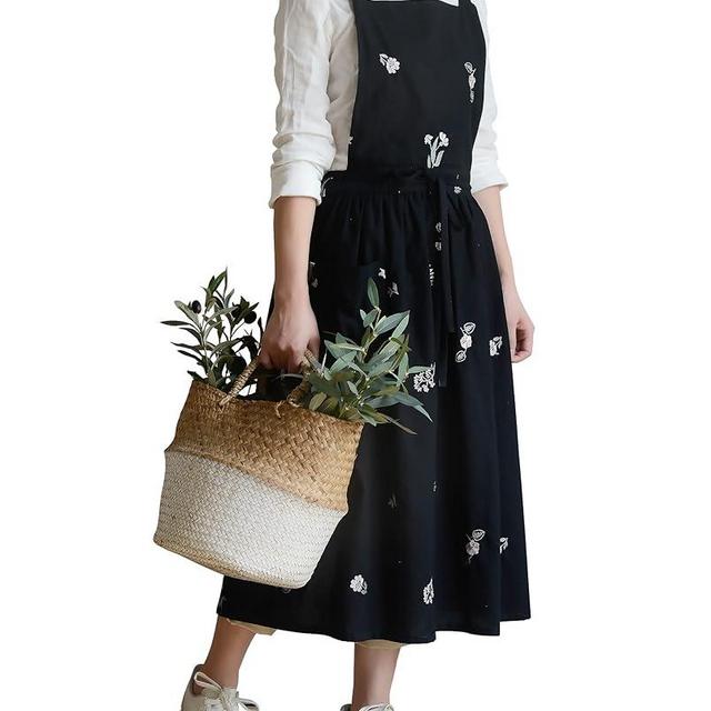 FADUOFA Japanese Cotton Linen Cross Back Apron for Women with Pockets,Fashion Pinafore Dress with Waist Ties