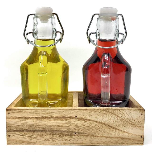 Oil and Vinegar Dispenser Set Cruet Bottle with Flip Top and Wood Tray for Salad Dressing, Condiments and Farmhouse Kitchen Decoration