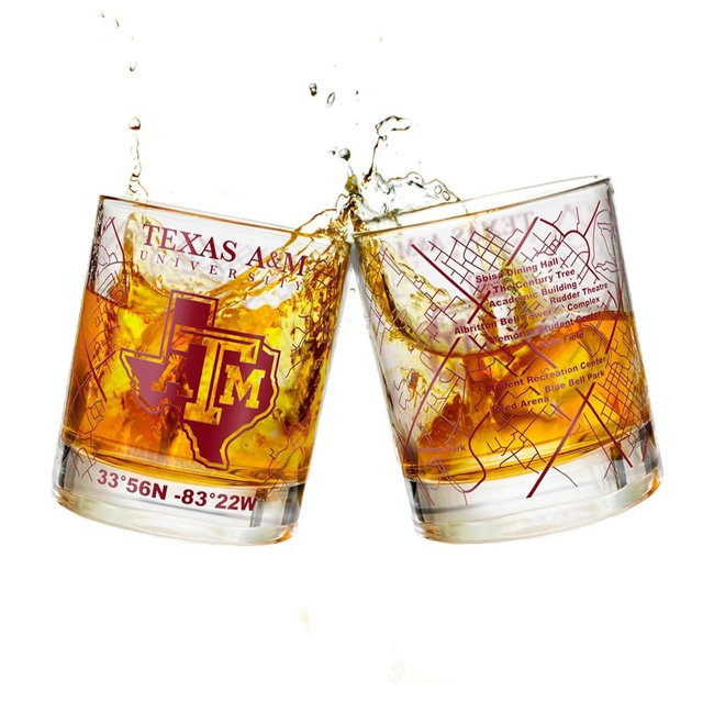 Greenline Goods - Texas A&M University Whiskey Glass Set (2 Low Ball Glasses) - Contains Full Color Texas A&M Logo & Campus Map - Texas A&M Aggies Gift Idea College Grads & Alumni - College Cocktail