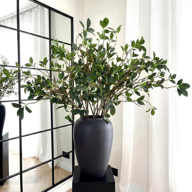Suncalla 6 Pcs Artificial Greenery Stems 28 Inch Tall Faux Bay Leaf Branches Spring Fake Greenery Plants Plastic Bay Laurel Stems for Vase Filler, Wedding Table Centerpieces, Neutral Modern Home Decor
