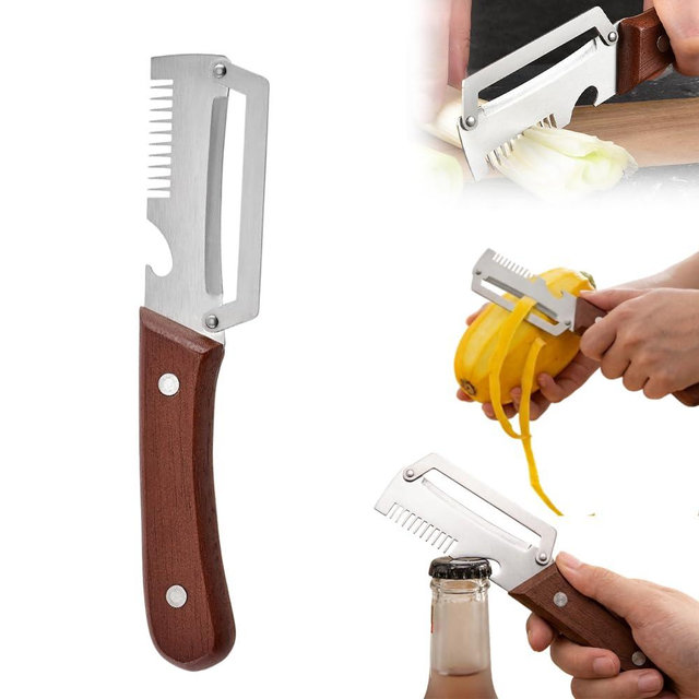 Multifunctional Vegetable Peeler, 2026 New 3 in 1 Stainless Steel Blade Peeler for Kitchen with Wooden Handle and Bottle Opener, Ultra-Sharp Peelers Kitchen Tool for Fruits and Vegetables (1)