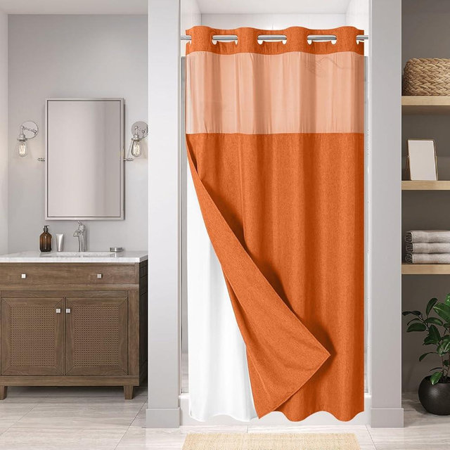 eachope Stall No Hooks Needed Linen Textured Shower Curtain with Snap-in Fabric Liner Set,Hotel Luxury Decor Farmhouse Shower Curtains for Bathroom,Waterproof & Washable,54Wx80H,Burnt Orange