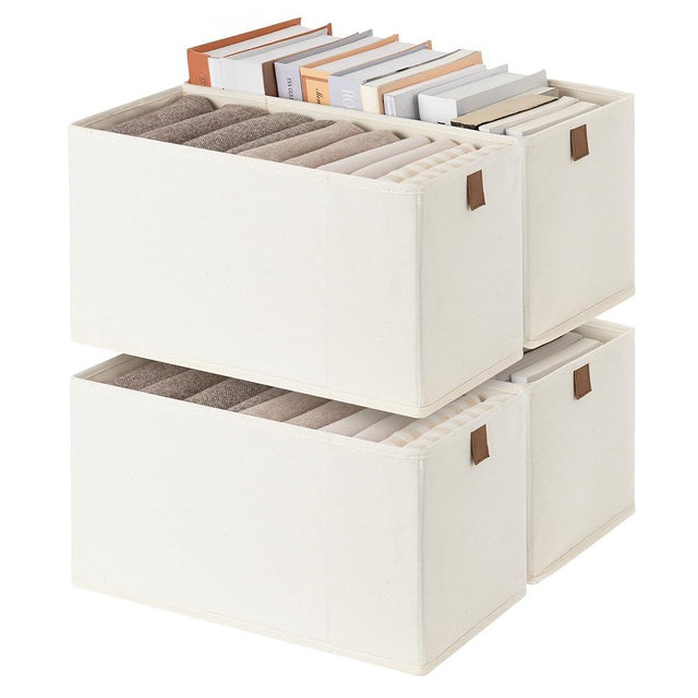 StorageWorks Small Storage Bins, Fabric Storage Bins, Narrow Baskets for Shelves with PU Handle, Perfect for Clothes, Towels, and Light Blankets, Beige, 4-Pack