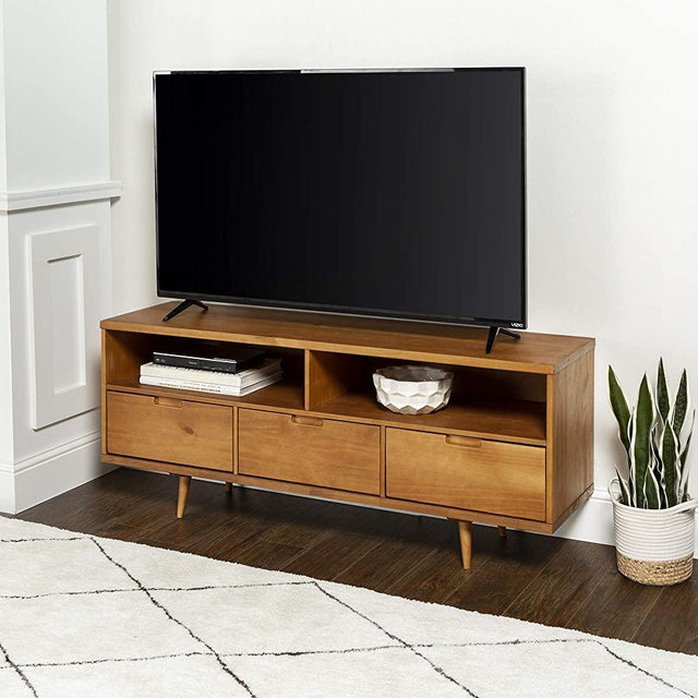 Walker Edison 3-Drawer Mid Century Modern Wood Stand for TV's up to 65" Flat Screen Cabinet Door Living Room Storage Entertainment Center, Caramel