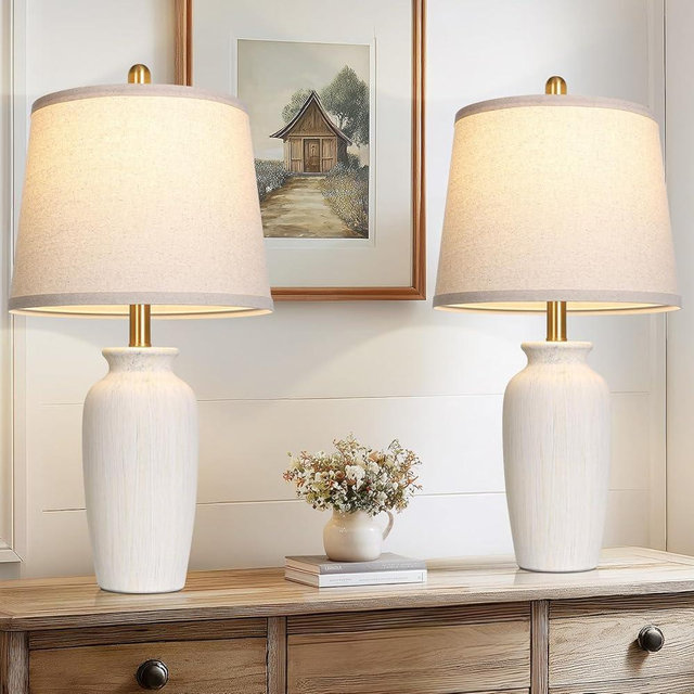 CINSARY 24.5" Farmhouse Jar Ceramic Table Lamps Set of 2, Vintage Rustic Bedside Nightstand Lamps with 2 LED Bulbs, Beige Farmhouse Table Lamps for Living Room End Table Bedroom Country Cottage Decor