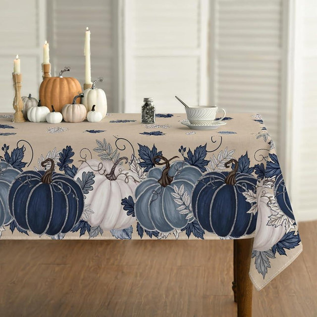 Horaldaily Fall Tablecloth 60×104 Inch Rectangular, Autumn Harvest Blue Pumpkin Floral Washable Seasonal Table Cover for Party Picnic Dinner Decor