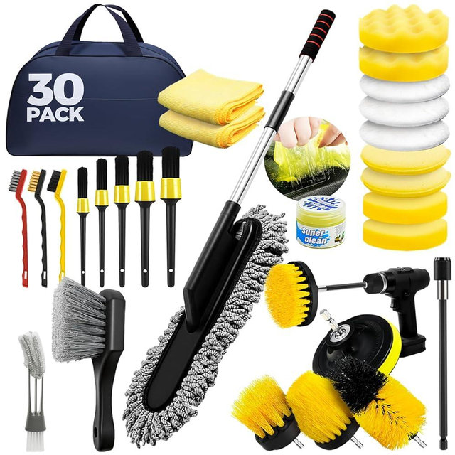 ALFLOD 30Pcs Car Detailing Kit, Car Detailing Brush Set, Car Wash Cleaning Kit, Car Dusters Extendable Handle Cleaning Exterior, Car Cleaning Gel, Car Cleaning Tools Kit for Interior, Exterior, Wheels