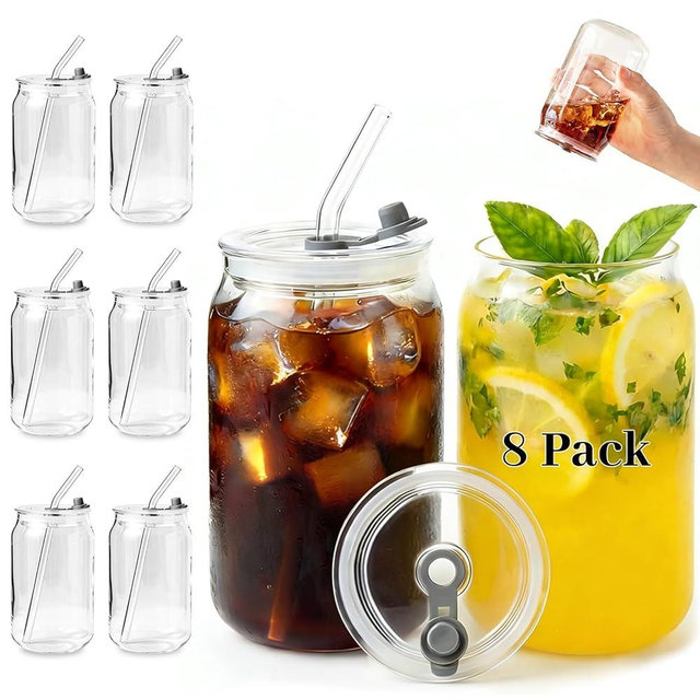 AINFAME Leakproof Glass Cups with Plastic Lids and Straws, 16oz Iced Coffee Cup, Drinking Glasses Tumbler for Water, Boba Tea, Smoothie - 8pcs