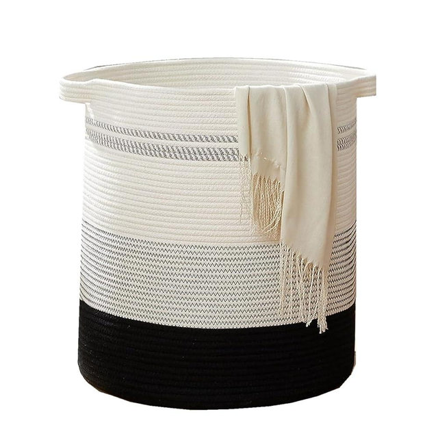 Large Woven Basket for Blankets –Decorative Storage Basket for Living Room, Oversized Blanket Basket, Woven Storage Bin for Throw Blankets (Triple Black, 16”x18)