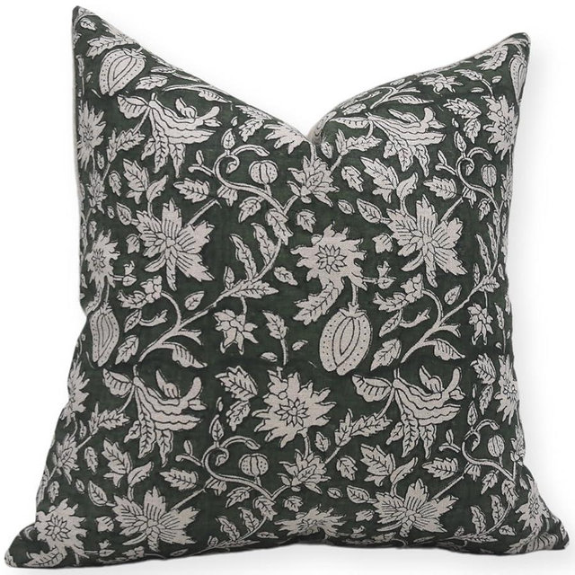 Fabritual Handmade Block Print Pure Linen 14X14 Throw Vintage Pillowcase Cushion Cover with Zipper for Sofa, Couch and Bed, Outdoor, Spring, Fall Decoration, Boho Home Décor, Manikarnika, Dark Green