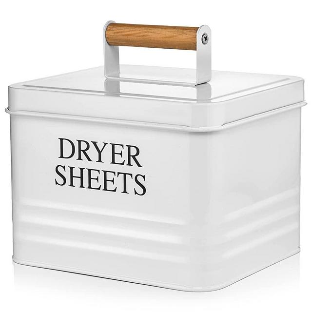 Calindiana Modern Farmhouse Metal Laundry Dryer Sheets Holder Fabric Softener Dispenser with Lid for Laundry Room Decor and Accessories and Space Saving Laundry Room Organization and Storage, White