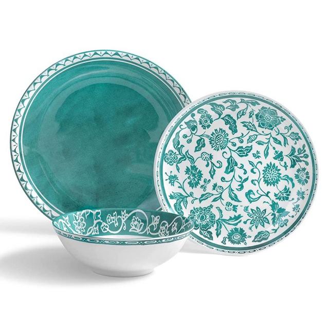 222 Fifth New Dynasty Ginger Jar 12-Piece Melamine Dinnerware with Round Plates and Bowls, Turquoise