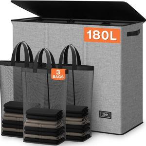 SOLEDI 180L Laundry Hamper 3 Section, Extra Large Laundry Hamper with Lid, Dirty Clothes Hamper with Sturdy Handle, Large Laundry Basket Organizer for Laundry Room, Bedroom, Hampers for Laundry