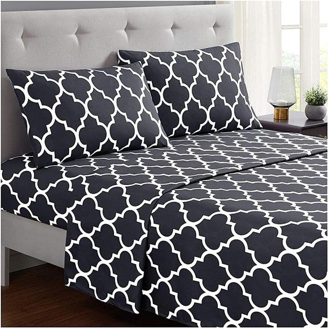 Mellanni Queen Sheet Set - Hotel Luxury 1800 Bedding Sheets & Pillowcases - Extra Soft Cooling Bed Sheets - Deep Pocket up to 16" - Wrinkle, Fade, Stain Resistant - 4 PC (Queen, Quatrefoil Dark Gray)