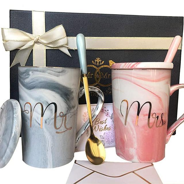 Mr and Mrs Mugs - Wedding Gift, Engagement Gift for couples, Bridal Shower Gift | Unique Married Couple Gift - Great Valentine, Christmas Gift - Ceramic Marble Coffee Cups 14oz [Upgraded Spoon Color]