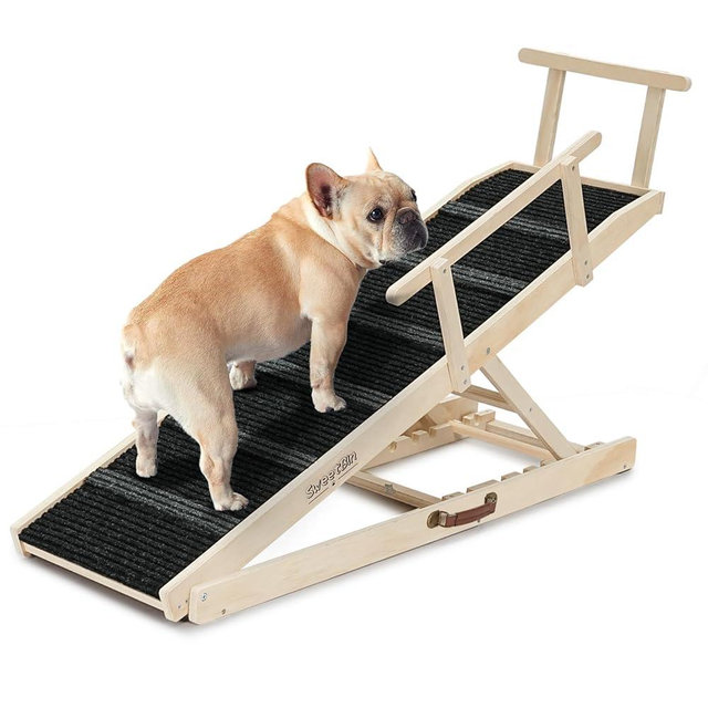 Dog Ramp for Bed - 53.3" Long Foldable Pet Ramp for Small Large Dogs - Dog Ramps for High Beds Couch Car/SUV - Pet Stairs High Traction with Platform 7 Adjustable Heights 17" to 30" Up to 200LBS, Wood