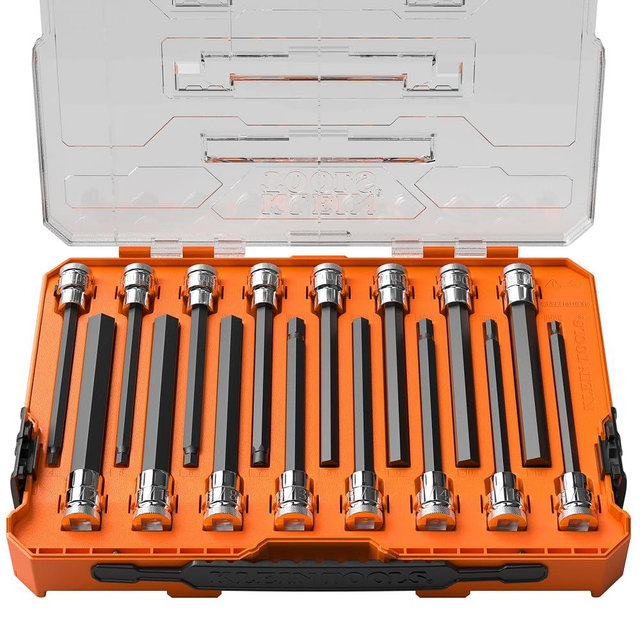 Klein Tools 652216HEXL Long Hex Bit Socket Set, 16-Piece, SAE and Metric Socket Set, Long Hex Bits, MODbox Case