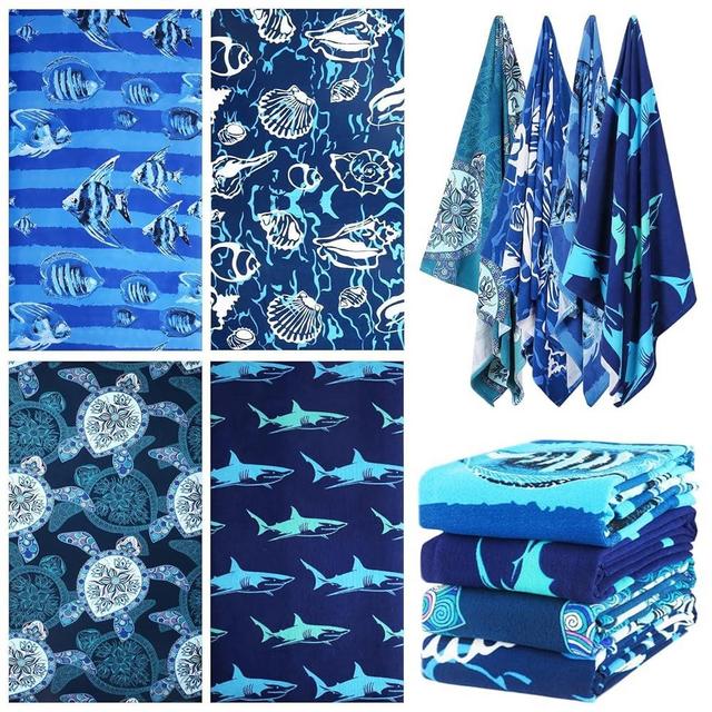4 Packs Oversized Beach Towel Set, 36 x 72 in XL Extra Large Big Soft Clearance Pool Swim Travel Towels Blanket for Adult Women Men Camping Cruise Lounge Chair Cover Gift Shark Turtle Fish Shell