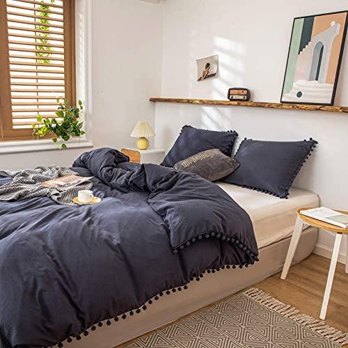 MOVE OVER Navy Blue Bedding Navy Duvet Cover Set Ball Fringe Pattern Design Soft Solid Dark Blue Bedding Sets King 1 Ball Lace Duvet Cover 2 Pillowcases (King, Navy)
