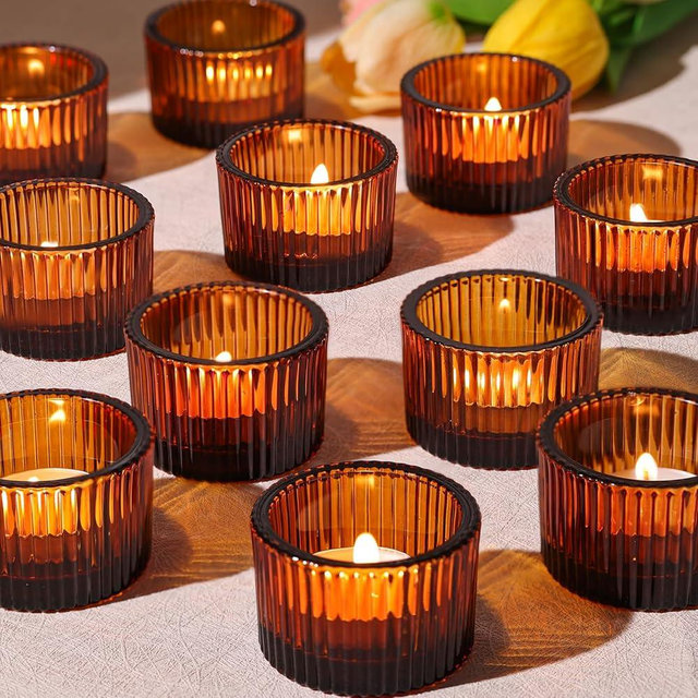HAVITI 24 pcs Amber Tealight Candle Holders, Glass Votive Candle Holders Fall Decorations for Home Table Wedding Centerpieces, Party Supplies and Vintage Decor