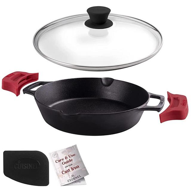 Cast Iron Skillet with Glass Lid - 10"-Inch Dual Handle Frying Pan + Pan Scraper + Silicone Handle Holder Covers - Pre-Seasoned Oven, Grill, Stovetop, Fire, Induction Safe Cookware -Indoor/Outdoor Use