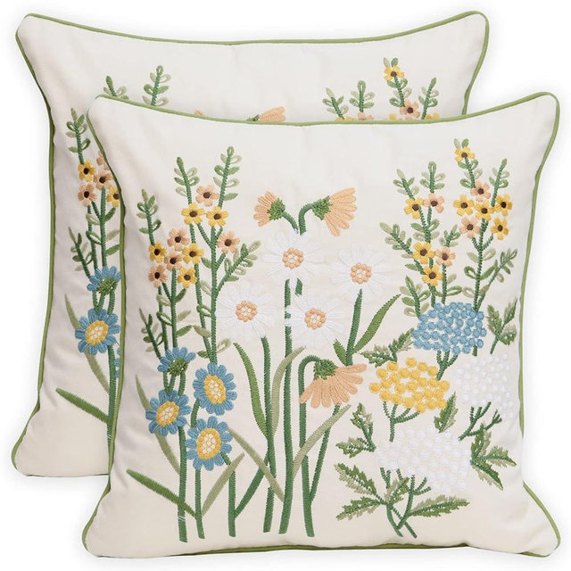 Pilmandu Set of 2 Embroidered Decorative Throw Pillow Covers Couch Square Pillowcases Cushion for Bedroom Sofa Farmhouse Decor 18x18 Inch (Yellow Daisy)