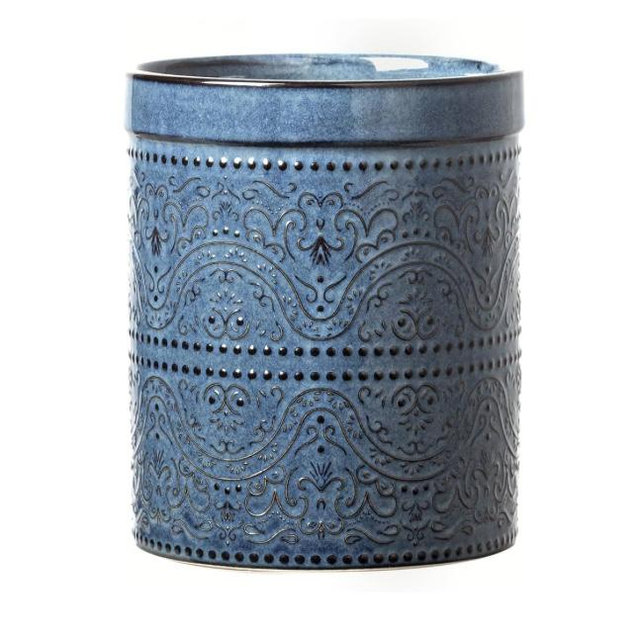 Kitchen Utensil Holder, 7 Inches Large Ceramic Utensil Holder for Countertop, Lace Emboss Cooking Utensil Crocks for Kitchen, Home Decor, Reactive Blue