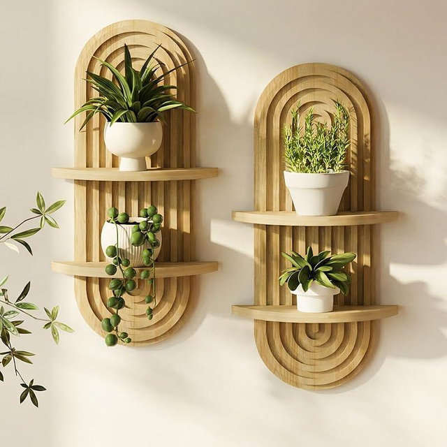 Bamworld Boho Wall Decor 2pcs Plant Wall Shelf, Mid Century Modern Decor Hanging Plant Shelf, 2-Tier Wooden Floating Shelves for Home, Bathroom Bedroom Living Room Holding Planter Decoration Natural