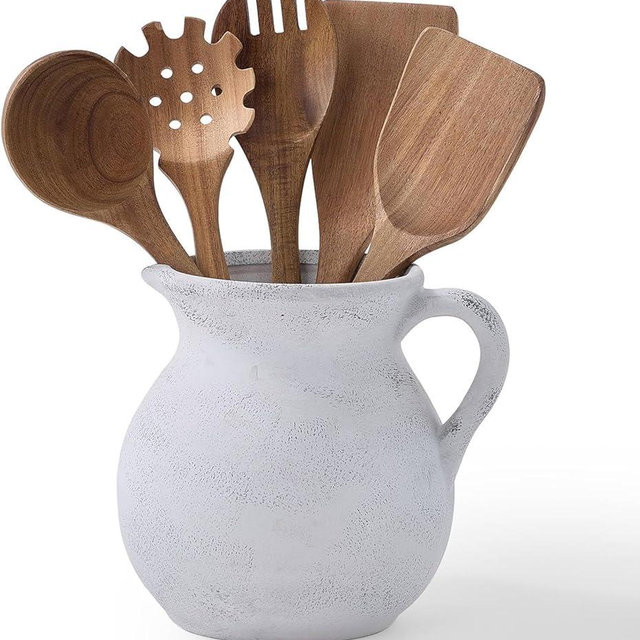 MIYUKI Rustic Kitchen Utensil Holder - 7.6 Inch Ceramic Utensil Crock for Countertop, Vintage Kitchen Counter Decor