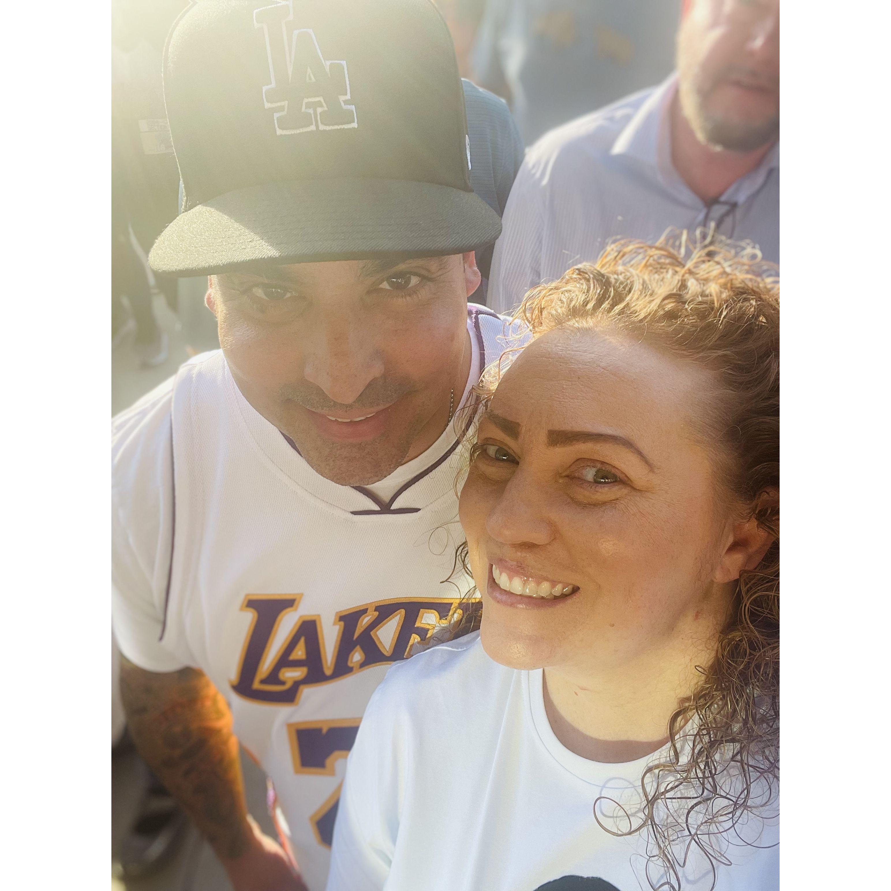 Memphis vs. L.A. basketball game, Javi repping his Lakers gear.