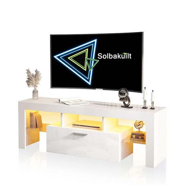 SOLBAKUILT Modern White TV Stand for 32/40/50/55+ Inch TV, Entertainment Center TV Console, 16 Color LED Light Wood TV Table Stand with Storage for Bedroom, Living Room…