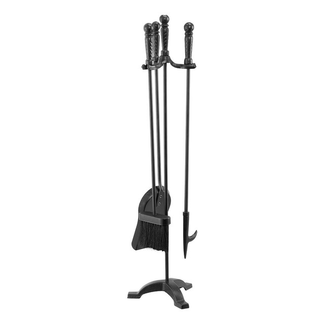 VEVOR Fireplace Tool Set, 4 PCS Fire Tool Set and Holder with Three-Prong Stand, Ash Shovel, Brush, Fire Place Poker, Black