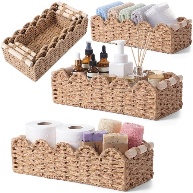 Ferrochef 3 Pcs Scalloped Toilet Paper Basket Paper Rope Woven Basket for Organize with Handle Decorative Storage Bins for Bathroom Toilet Tank Top(Neutral Color)
