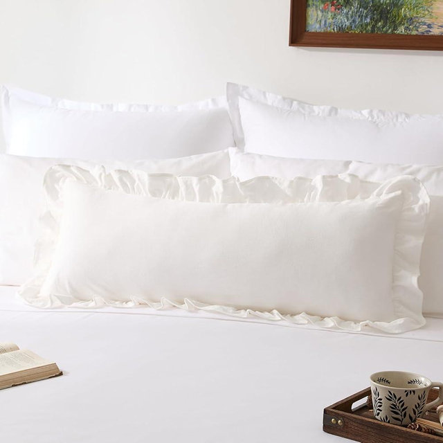 Kevin Textile 14x36 Inch Long Lumbar Pillow Cover 1 Pack 100% Cotton Lace Ruffles Scalloped Decorative Rectangle Cushion Case Soft Body Pillow for Bedding Couch Sofa, Pure White