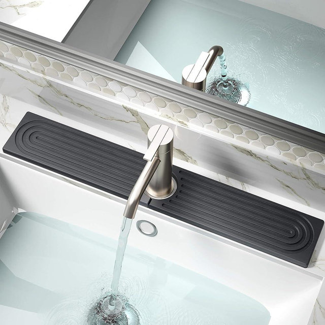 DK177 Faucet Mat for Kitchen Sink - Water Absorbing Stone Tray for Sink, Diatomite Fast-Drying Faucet Mat, Faucet Splash Guard for Bathroom Counter (Dark Gray, 23.6" x 4")