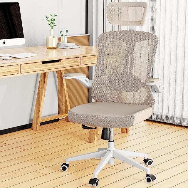 balmstar Ergonomic Office Chair, Home Office Desk Chair with Adjustable Headrest & Lumbar Support, Swivel High Back Computer Chair, Breathable Mesh Desk Chair, PU Silent Wheels, Flip-Up Arms (Khaki)