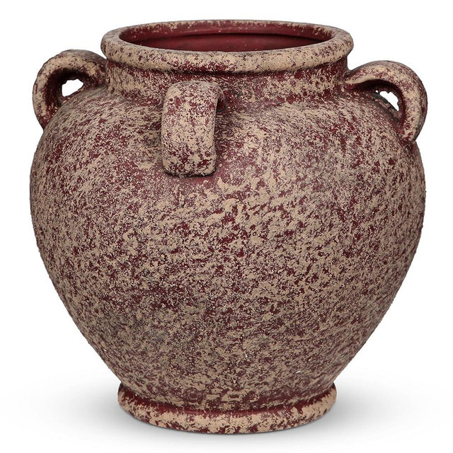 Rustic Ceramic Vase with Handles – Antique-Style Red Farmhouse Pottery Decorative Urn for Table Centerpiece, Mantel, Shelf, or Entryway Home Décor
