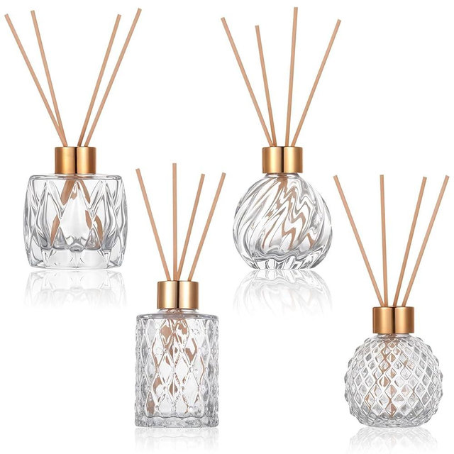 4 Piece Reed Diffuser Set, 3.5-4.2oz Empty Bottles and 20 Reed Sticks, Unique Design for Home and Office