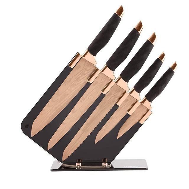 TOWER Damascus Effect Kitchen Knife Set with Stainless Steel Blades and Acrylic Stand, 5 Piece, Rose Gold/Black 5 Piece