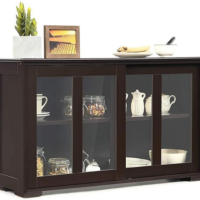 Topment Sideboard Buffet Cabinet, Kitchen Storage Sideboard w/Adjustable Shelf,Wooden Console Table Cupboard w/Glass Sliding Doors,Buffet Storage Sideboard for Kitchen Dining Room (Coffee)