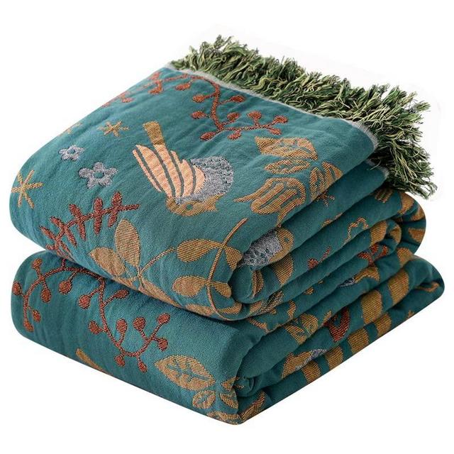 Boho Throw Blanket for Bed 80”x90”, 100% Cotton Woven Blanket for Couch Sofa, Ultra Soft 4-Layer Muslin Quilt with Bird Floral Printed, Farmhouse Bed Blanket/Cover for Living Room Decor