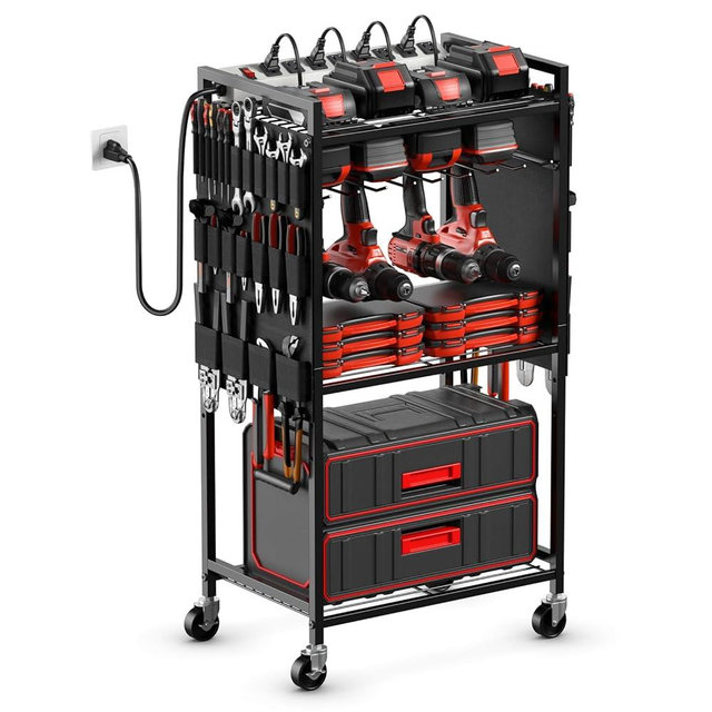 JUNNUJ Large Power Tool Organizer Cart with Charging Station, Garage Floor Standing Rolling Drill and Tools Battery Storage Cart on Wheels, Heavy Duty Rack Shelf with 8 Outlet 10 FT Power Strip, Black