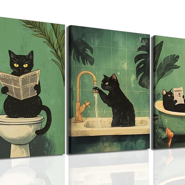 Funny Bathroom Black Cat Wall Art Set of 3, Cute Animal Wall Decor Maximalist Pet Cat Canvas Poster Prints Aesthetics Whimsical Quirky Room Decor Pictures Framed 12x16 inch